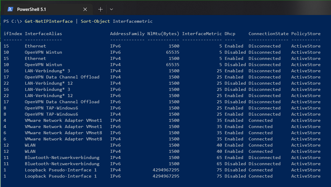 Get-NetIPInterface Sort-Object Interfacemetric
