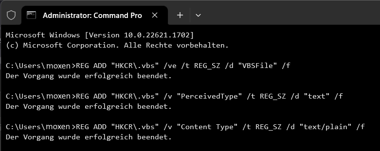 einfügen der REG Zeilen für die Verknüpfung von VB-Script Dateien (.vbs) in der Registry