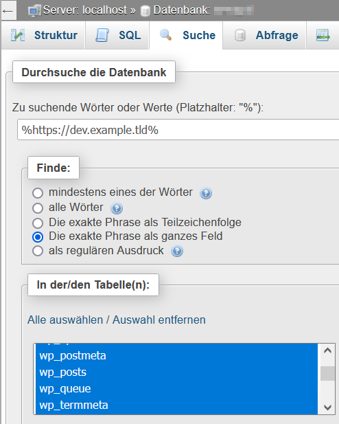WordPress mit phpMyAdmin nach Wörter und Pharse durchsuchen