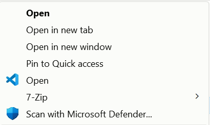 VS Code open project folder with context menu
