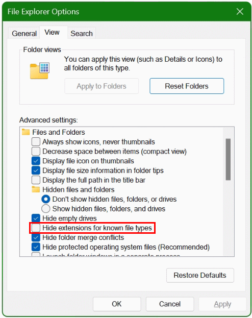 File extension in Windows Explorer, Hide extensions for known file types