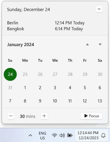 Clock open with click date and time in system tray