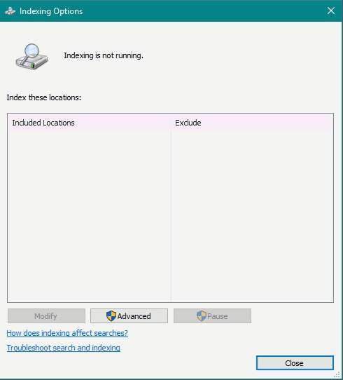 Search Indexing Repair on RDS Server, Indexing Options