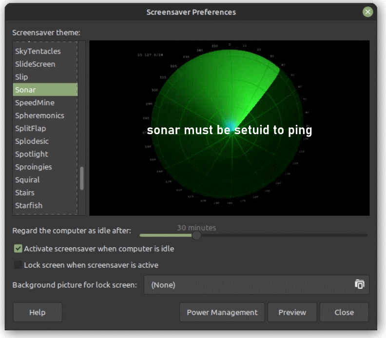 XScreenSaver sonar must be setuid to ping